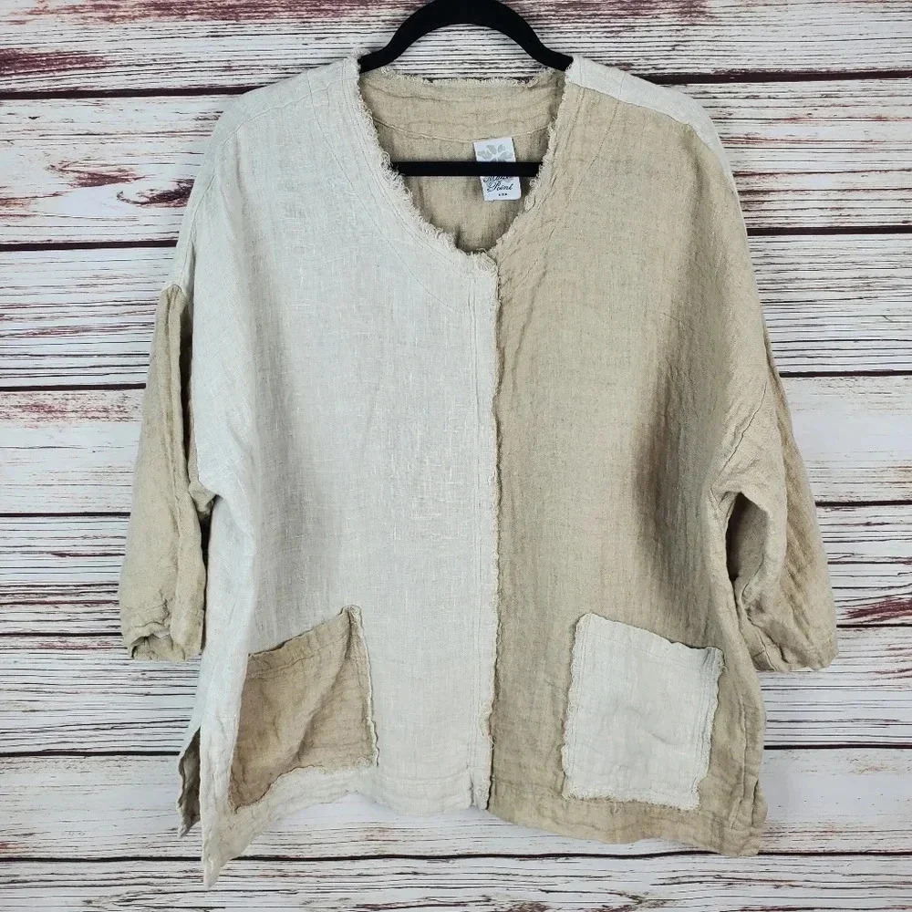 Match Point Womens Small Beige/Tan Color Block Linen Dolman Sleeve Tunic Top #28
